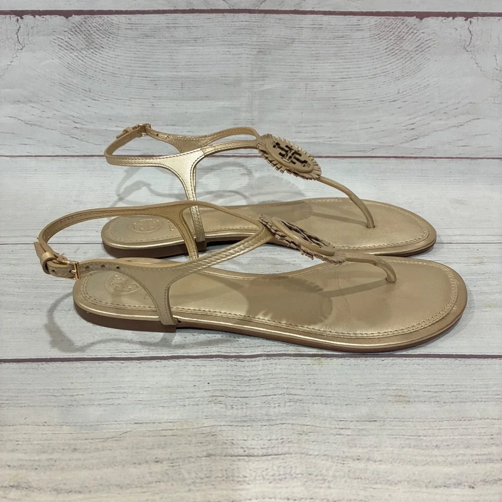 Tory Burch Miller Fringe Sandals Womens 7.5 Gold Metallic Logo Flat Leather